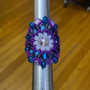 Purple and Blue Women's Beaded Ring Size 8